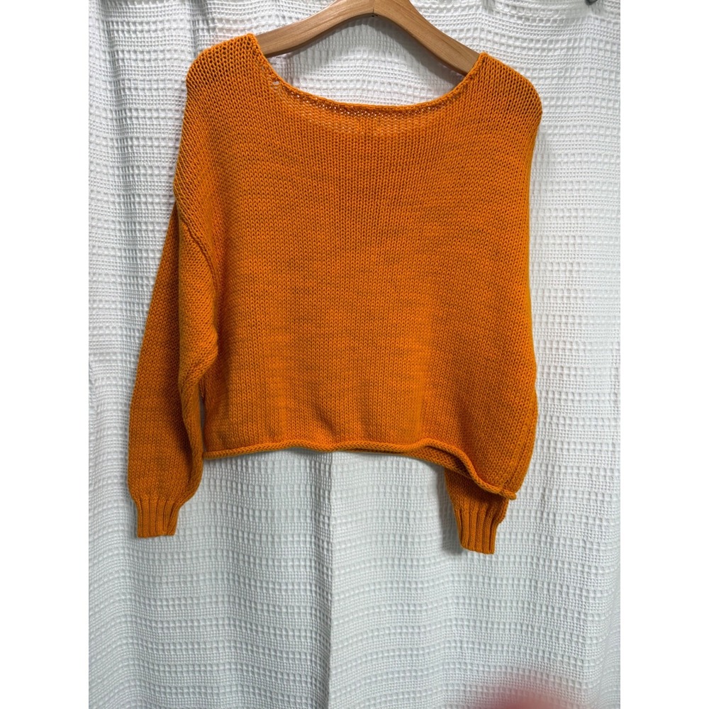 Aerie Off Shoulder Sweater L Orange Open Shaker Knit Boat Neck Cropped Relaxed - Picture 4 of 8